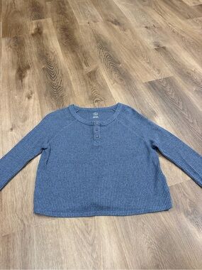 Girls' Blue Ribbed Henley Long-Sleeve Top